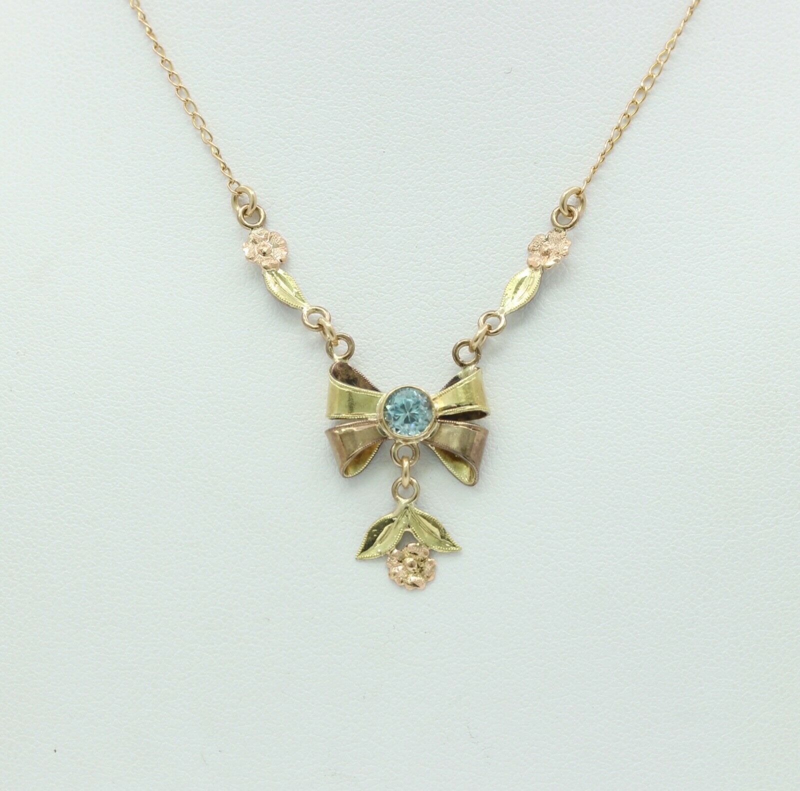 Retro Blue Zircon 10K Rose Yellow Gold Flowers Pendant Chain