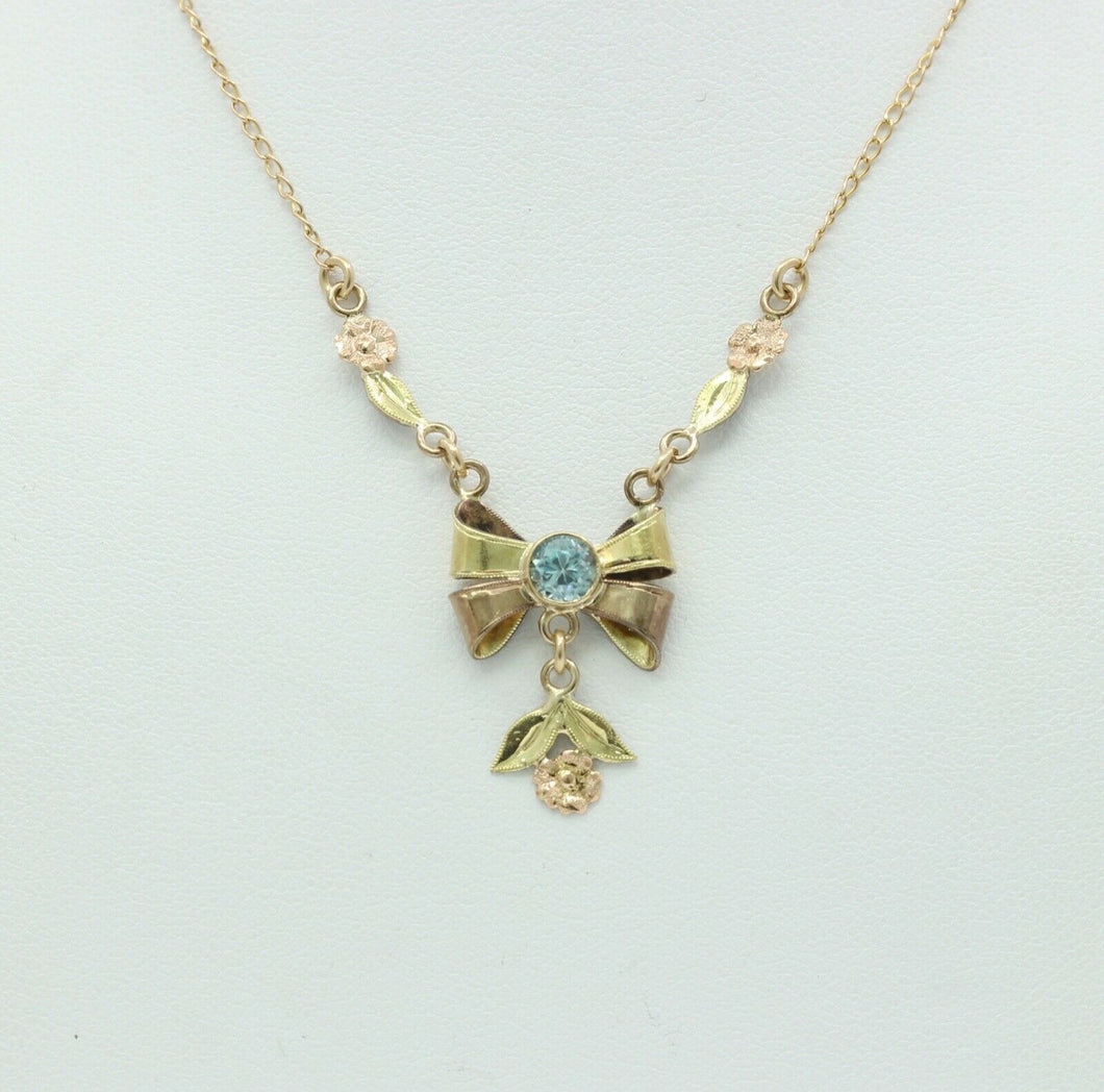 Retro Blue Zircon 10K Rose Yellow Gold Flowers Pendant Chain