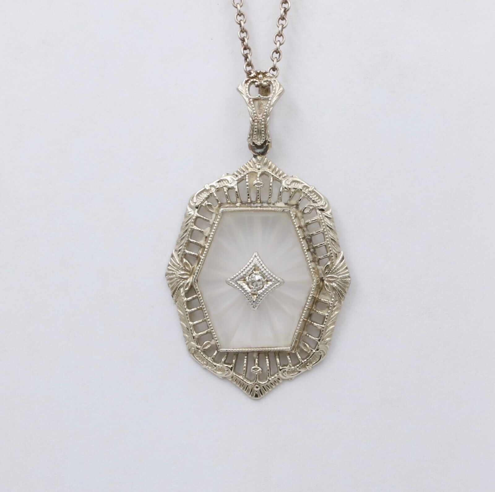 Art Deco 10K Gold Camphor Glass Diamond Pendant.