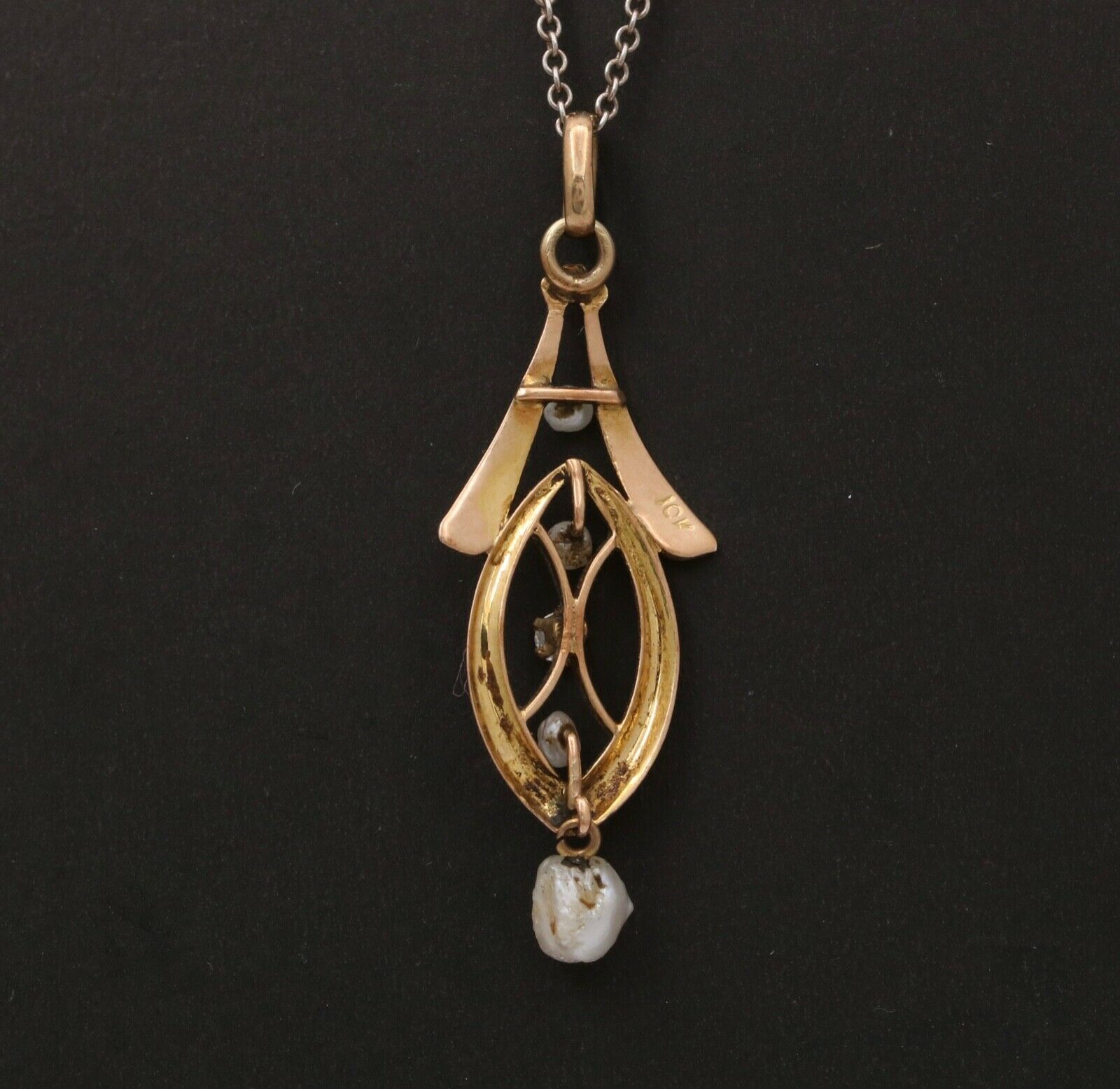 Art Nouveau Diamond Seed Pearls 10K Yellow Gold Pendant