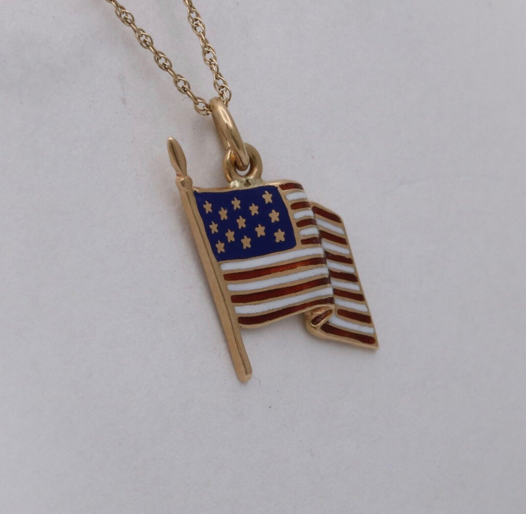 Vintage American Flag 14K Yellow Gold Enamel Pendant Charm
