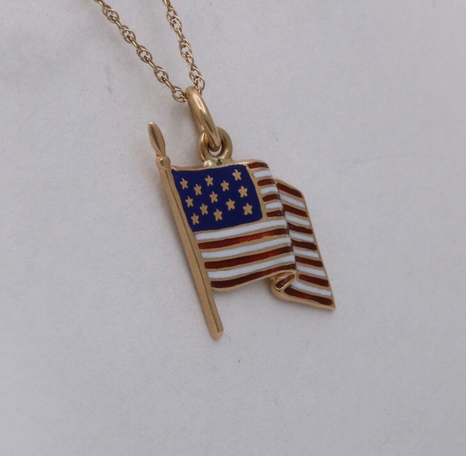 Vintage American Flag 14K Yellow Gold Enamel Pendant Charm