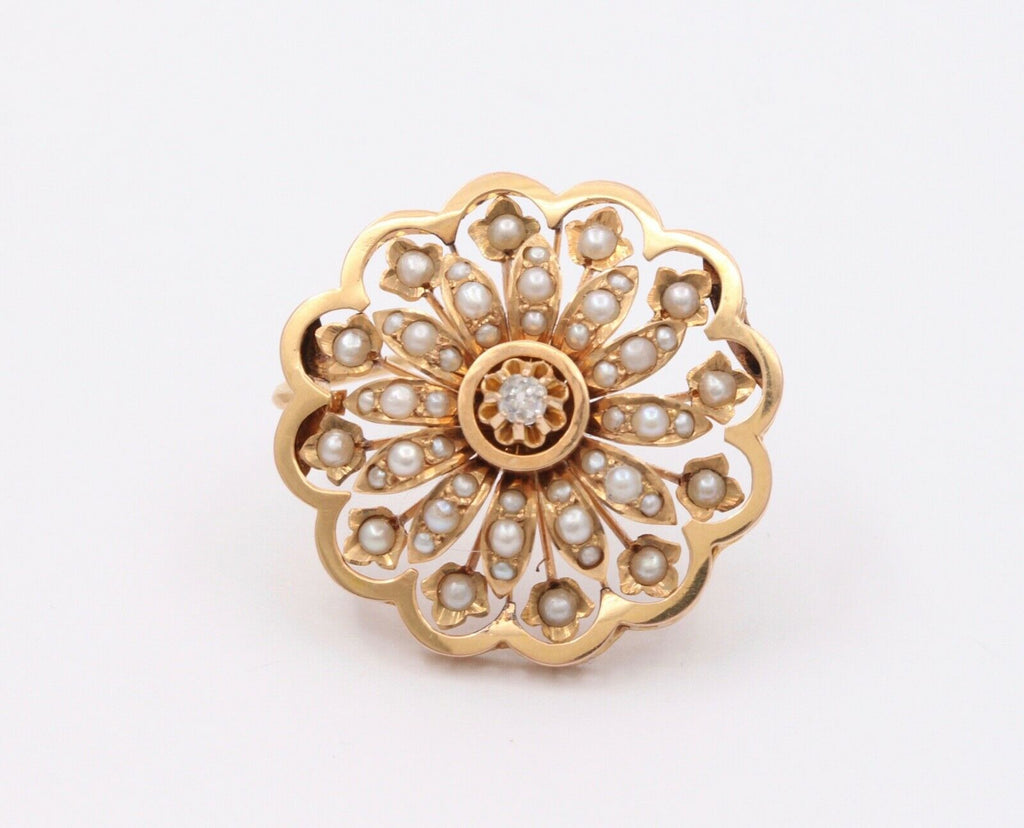 Victorian Starburst Diamond Seed Pearls 14K Yellow Gold Brooch Pin