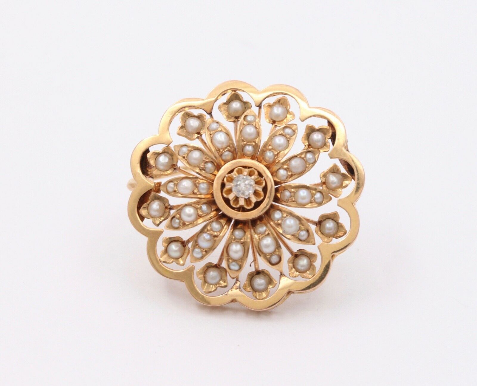 Victorian Starburst Diamond Seed Pearls 14K Yellow Gold Brooch Pin