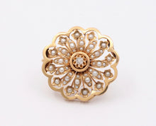 Load image into Gallery viewer, Victorian Starburst Diamond Seed Pearls 14K Yellow Gold Brooch Pin
