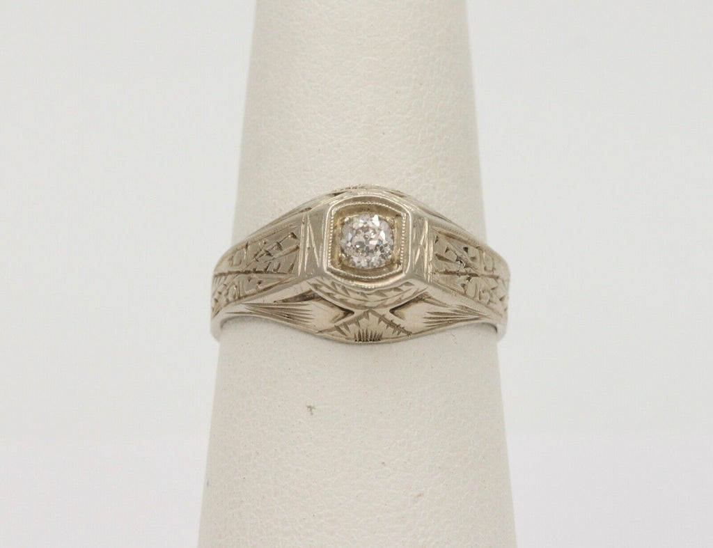 Art Deco Diamond 18K White Gold Ring Band, Engagement Ring