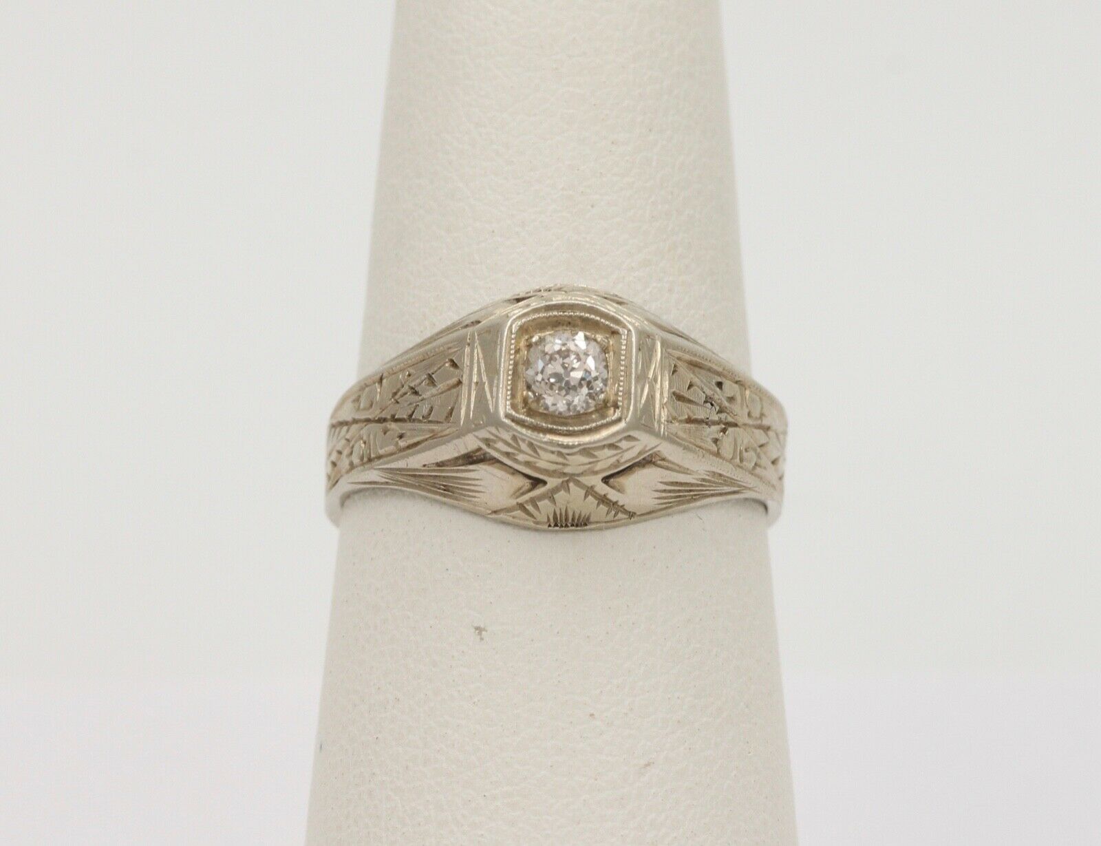 Art Deco Diamond 18K White Gold Ring Band, Engagement Ring