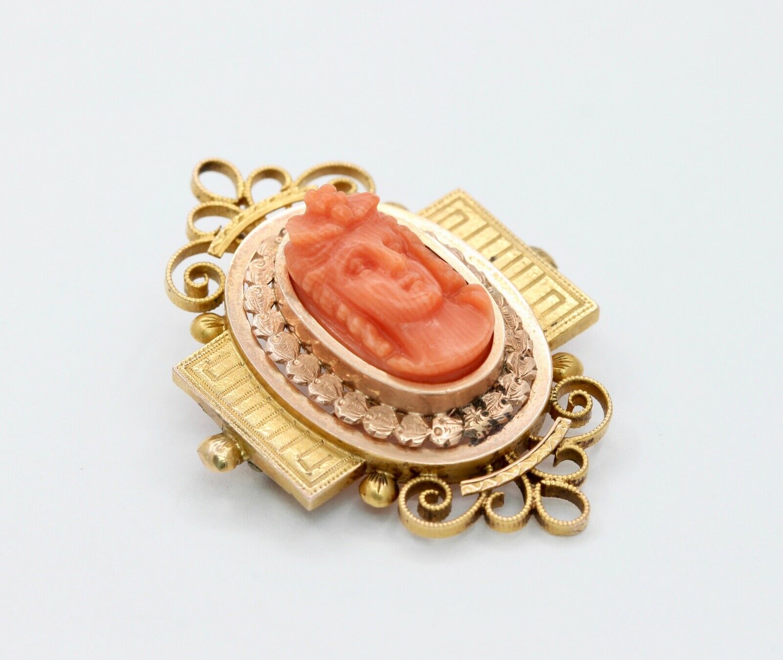 Extraordinary Victorian 14K Rose and Yellow Gold Carved Coral Pendant Brooch