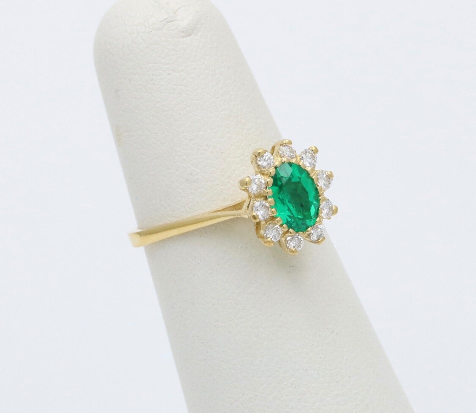Vintage 18K Gold Emerald Diamond Halo Ring, Engagement Band