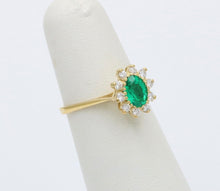 Load image into Gallery viewer, Vintage 18K Gold Emerald Diamond Halo Ring, Engagement Band
