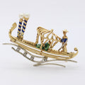 Vintage 18K Yellow Gold Enamel Diamond Boat Brooch