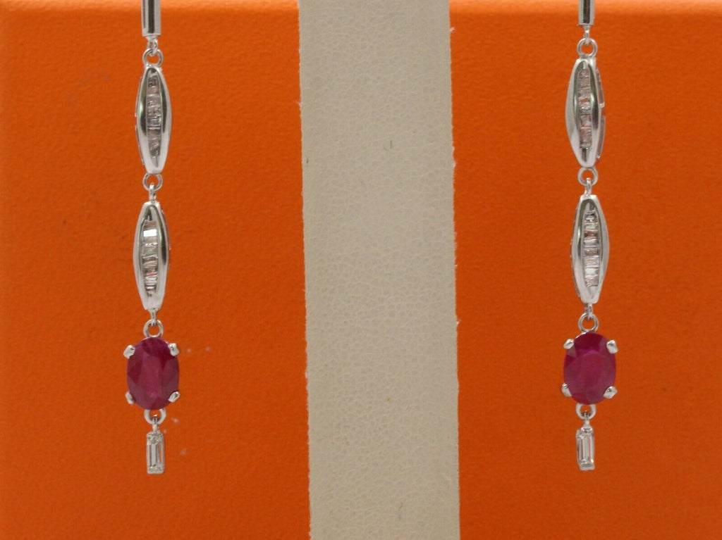 Vintage 14K White Gold Hanging Ruby Diamond Earrings