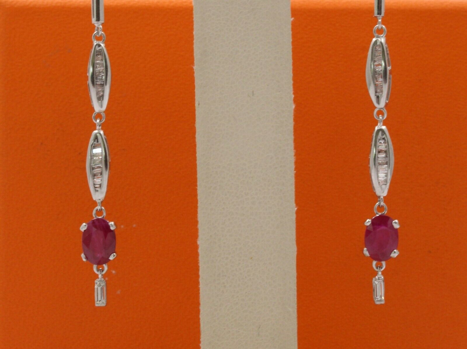 Vintage 14K White Gold Hanging Ruby Diamond Earrings