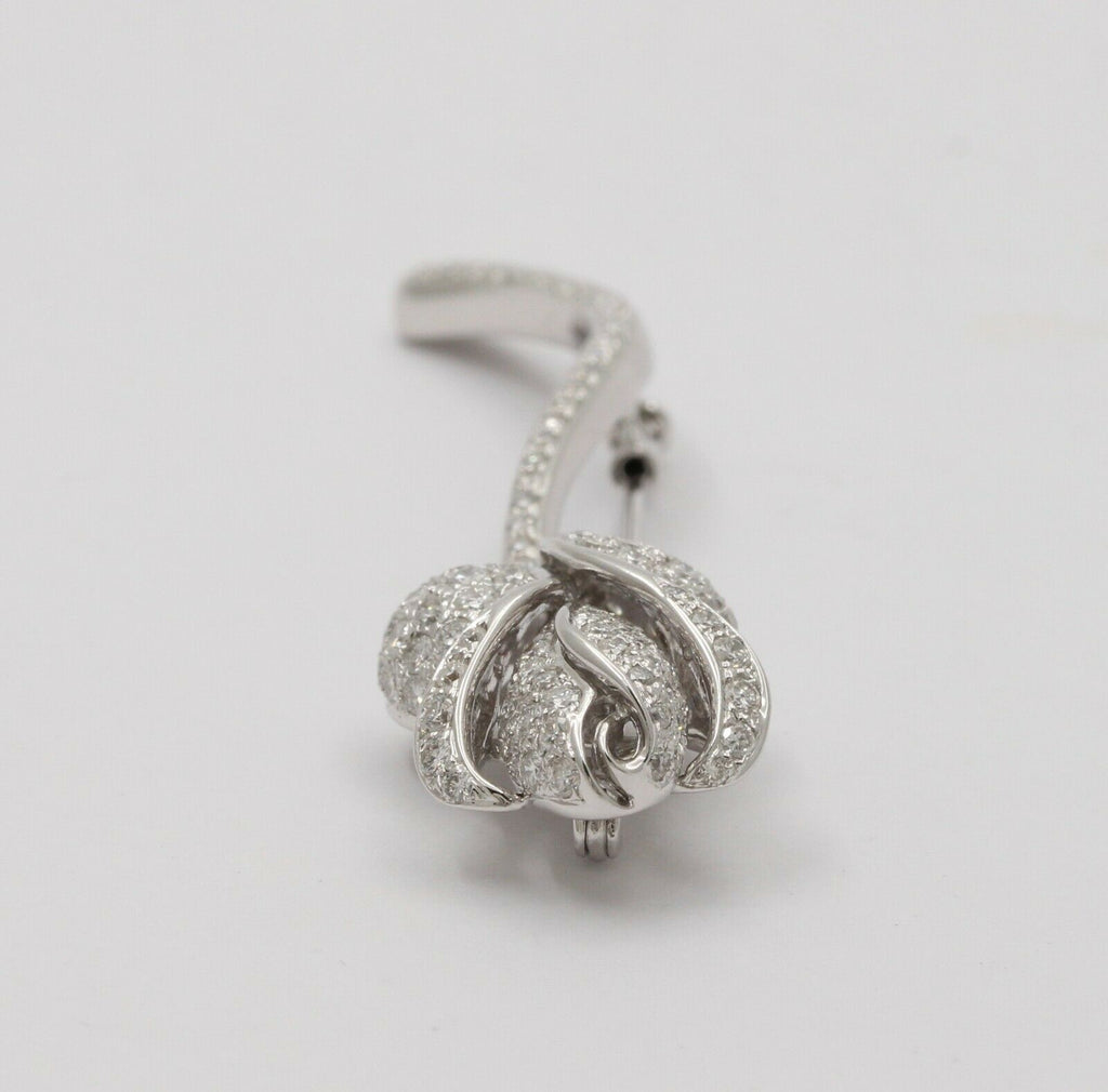 Vintage Estate Elegant Rose Flower Brilliant Cut Diamonds 18K White Gold Brooch,