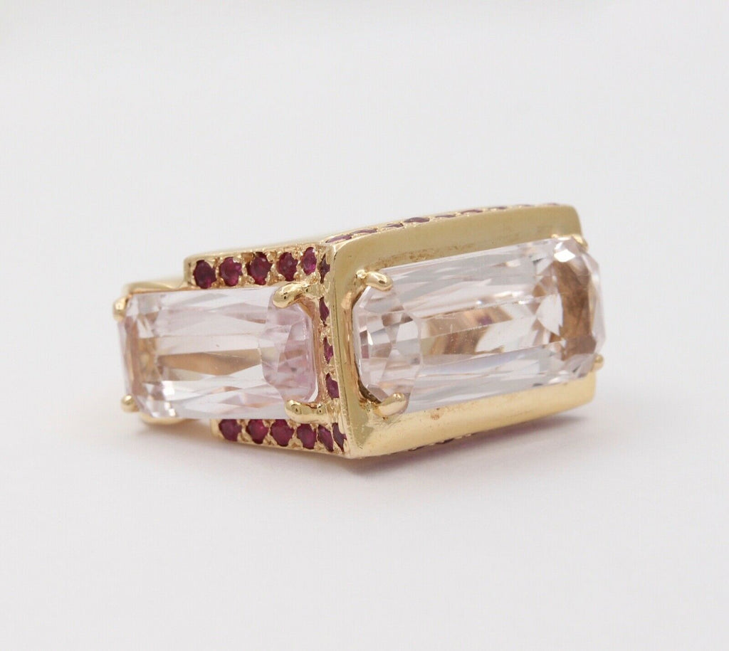 Striking 14K Yellow Gold Pink Kunzite And Ruby Tank Ring, Statement Ring