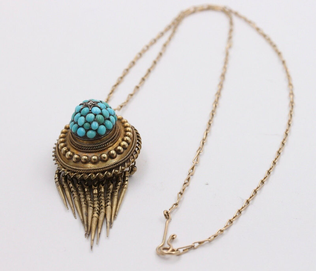 Victorian Rose Cut Diamond Turquoise 14K Yellow Gold Pendant