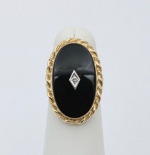 Art Deco Diammond Onyx 14K Yellow White Gold Filagree Ring