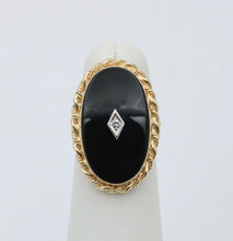 Load image into Gallery viewer, Art Deco Diammond Onyx 14K Yellow White Gold Filagree Ring
