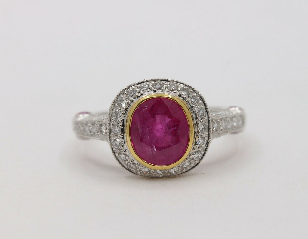 Vintage 18K White Gold Halo Setting Natural Ruby Diamond Alternative Engagement
