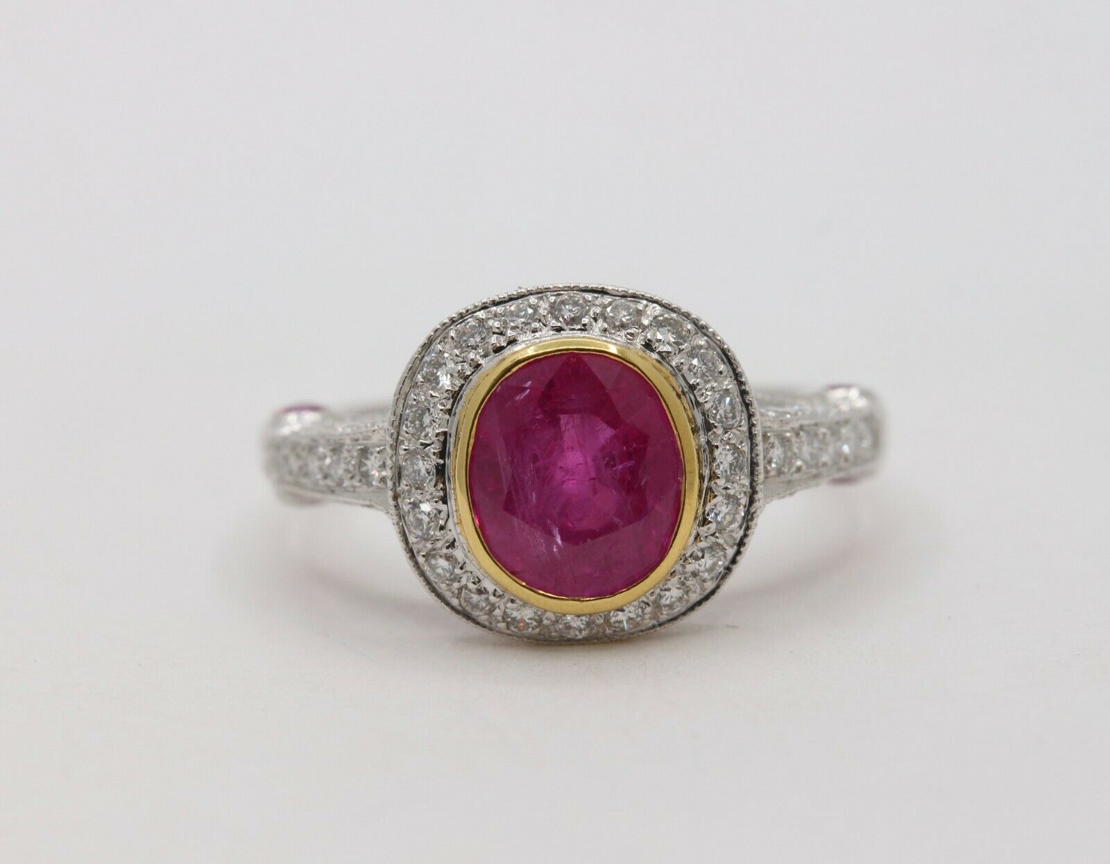 Vintage 18K White Gold Halo Setting Natural Ruby Diamond Alternative Engagement