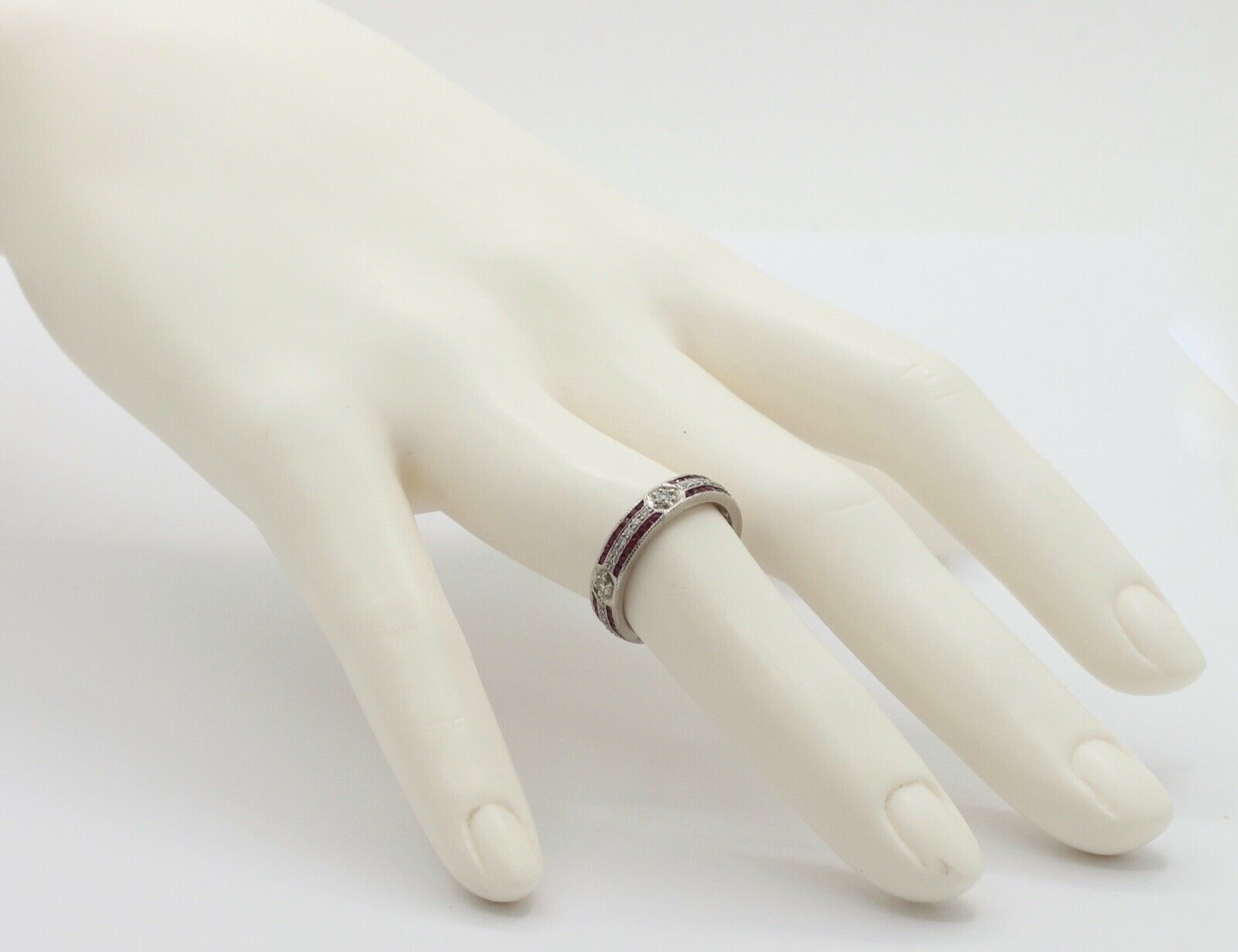 Ladies 18K White Gold Diamonds Rubies Stacking Eternity Band