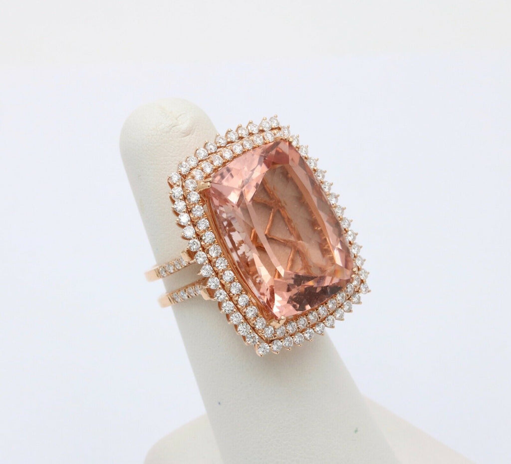 Huge Cocktail Morganite Diamonds 18K Rose Gold Ring