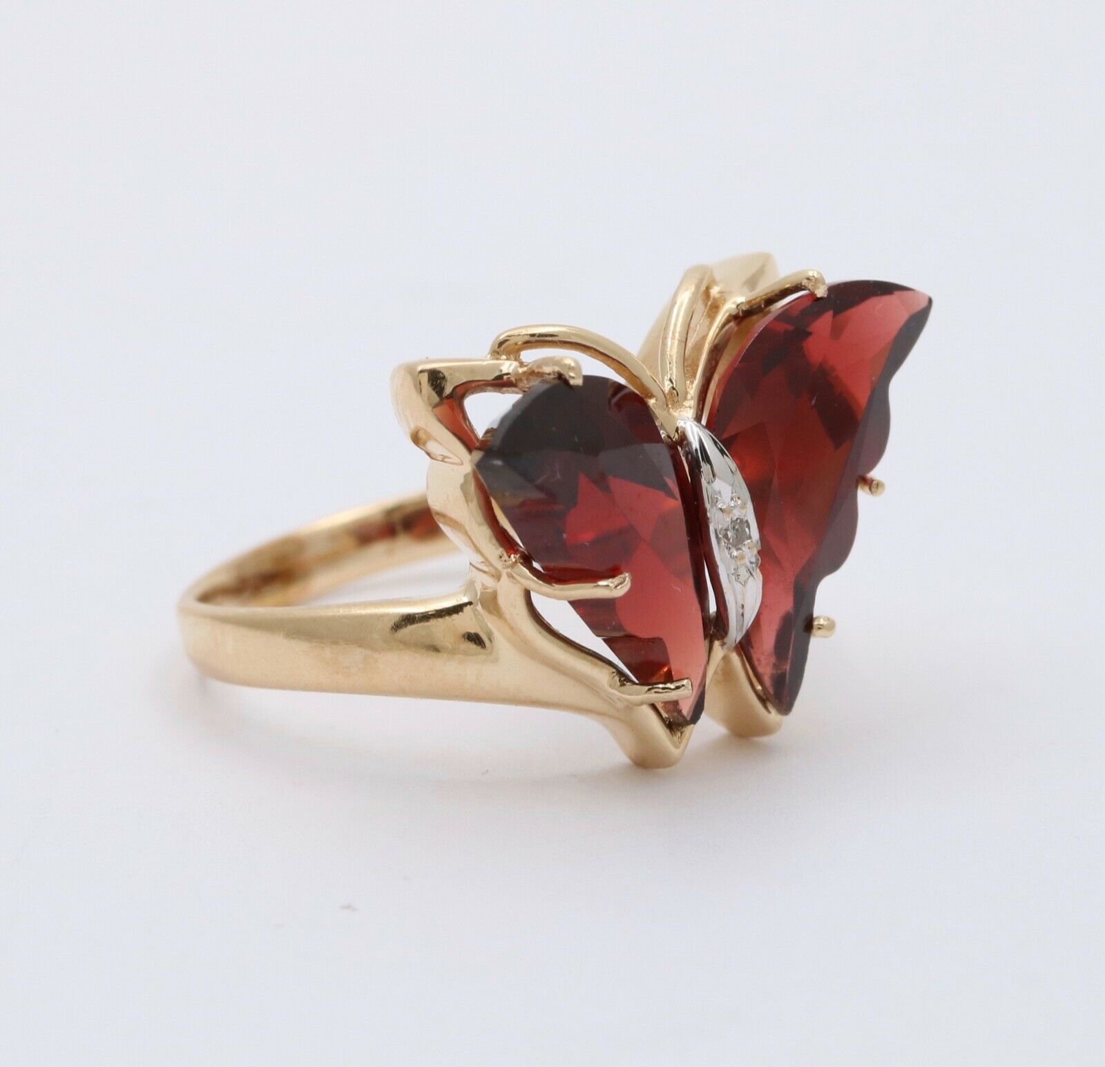 Vintage Butterfly Garnets Diamond 14K Yellow White Gold Ring