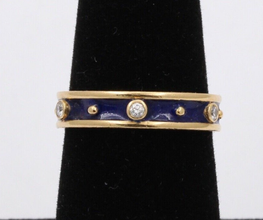 Vintage Ladies Diamonds 18K Yellow Gold Enamel Wedding Band Stacking Ring