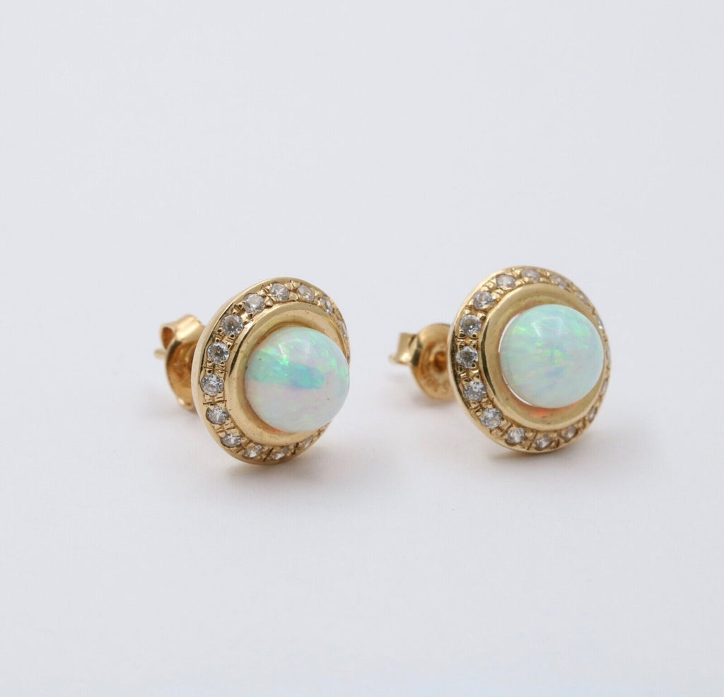 Vintage 14K Gold Opal, Diamond Halo Studs Earrings.
