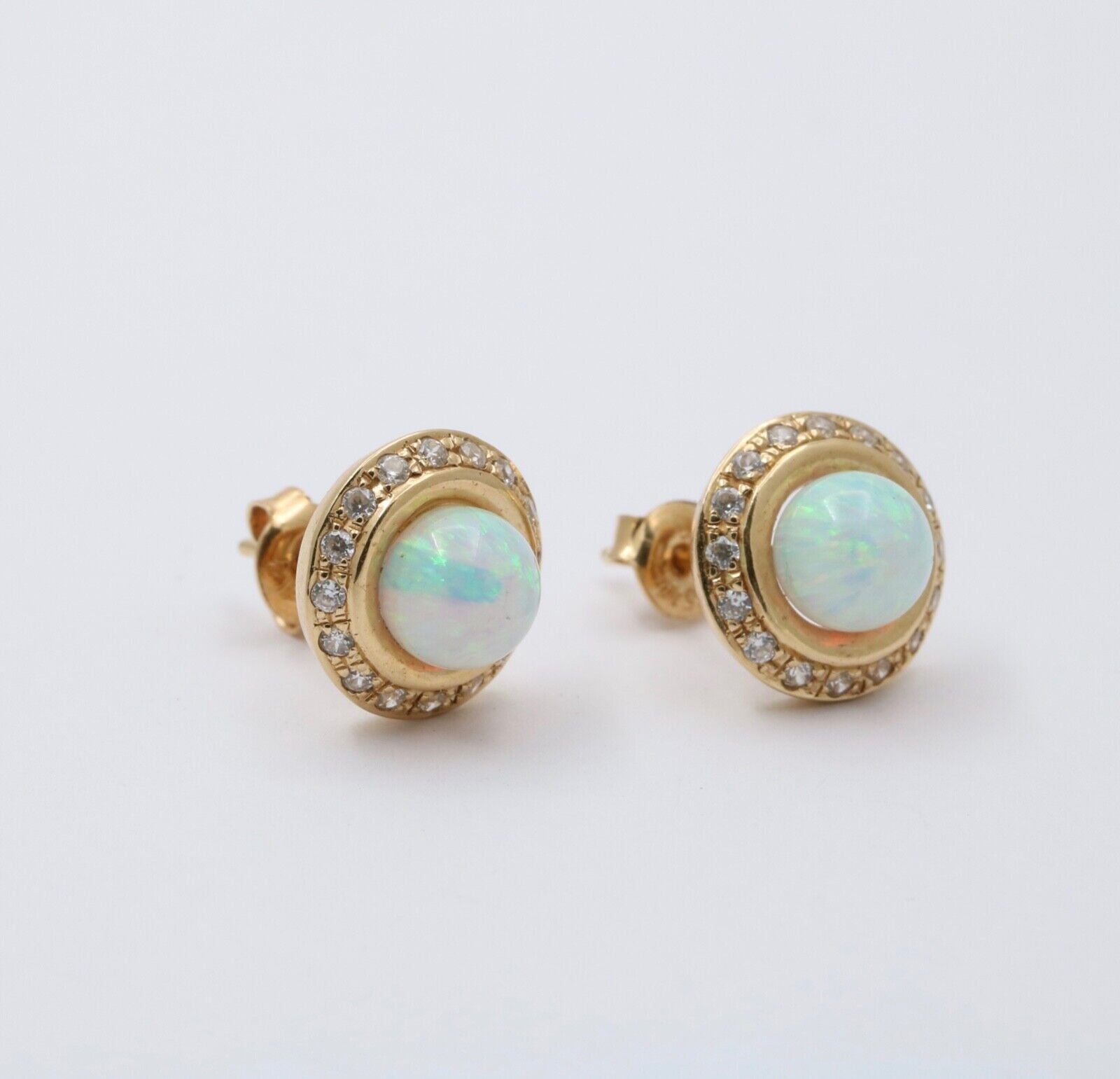 Vintage 14K Gold Opal, Diamond Halo Studs Earrings.