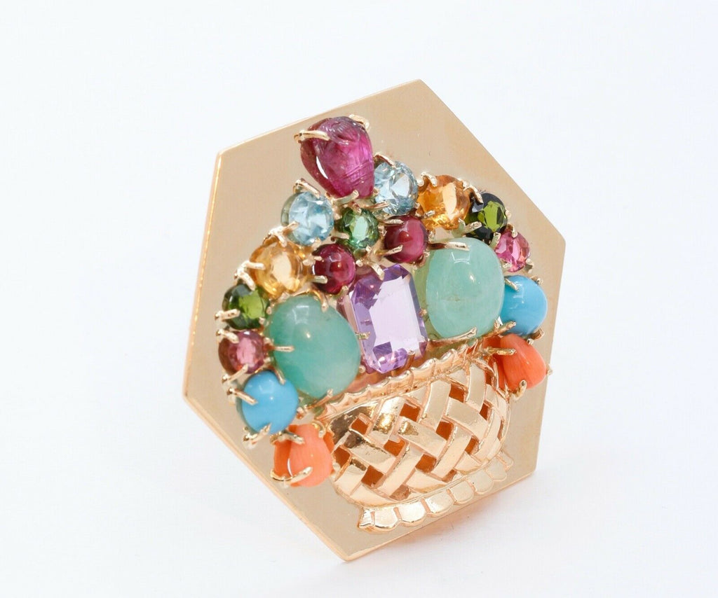 Vintage Multi Stone Flower Basket 14K Yellow Gold Brooch Pin