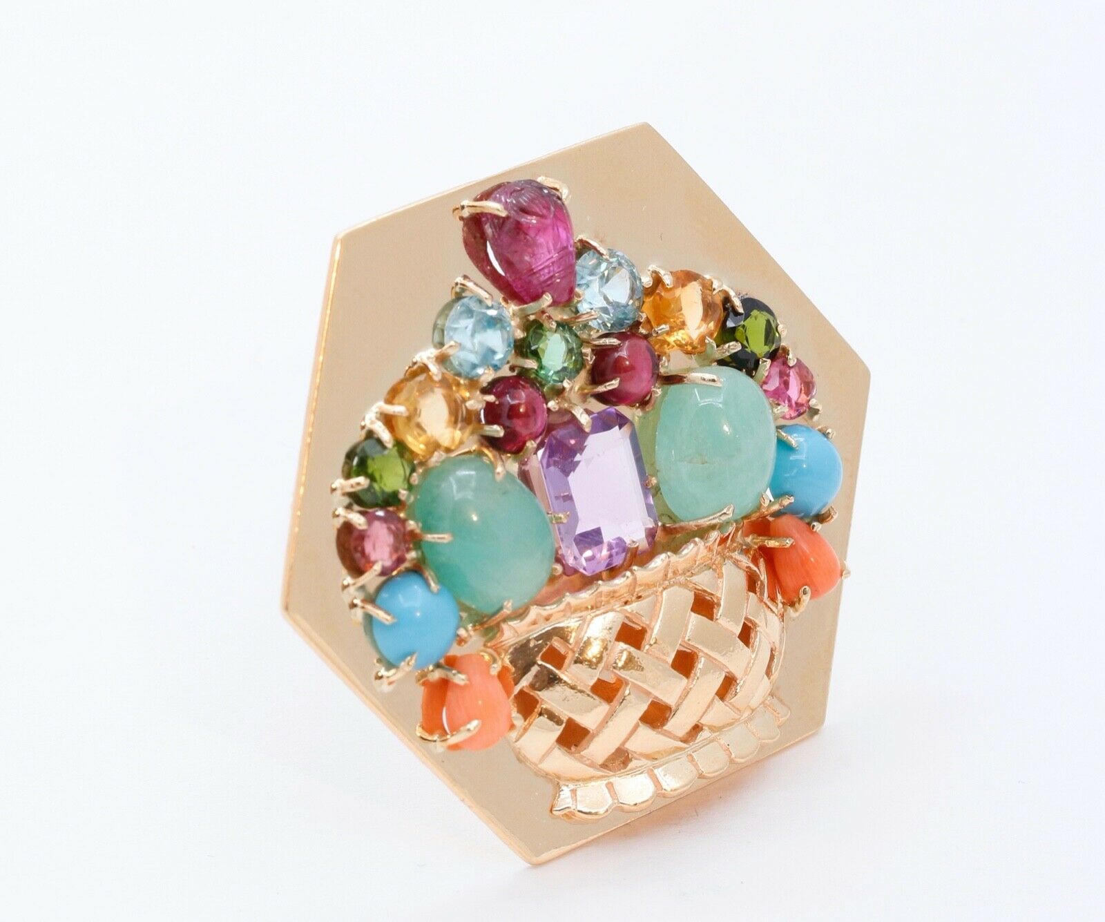Vintage Multi Stone Flower Basket 14K Yellow Gold Brooch Pin