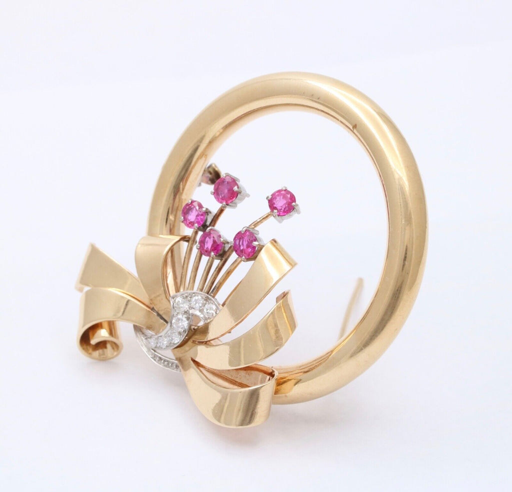 Vintage Bailey Banks & Biddle 14K Gold Ruby and Diamond Circle Ribbon Brooch