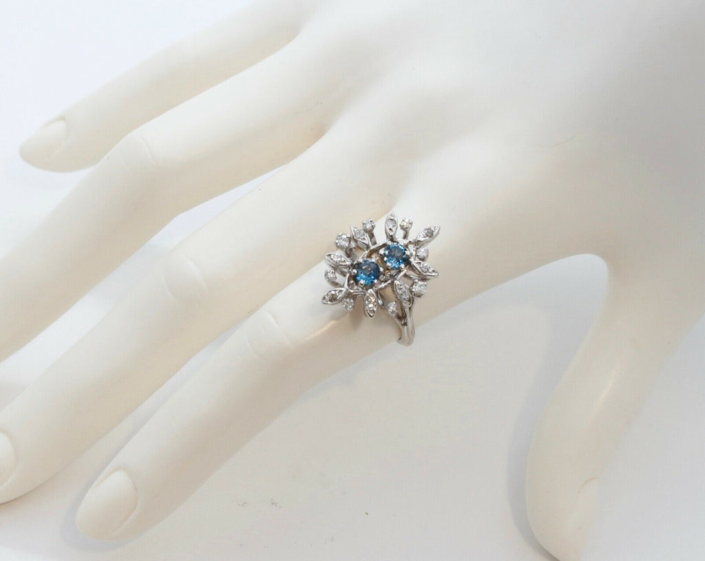 Vintage Flower London Blue Topaz Diamonds 14K White Gold Ring