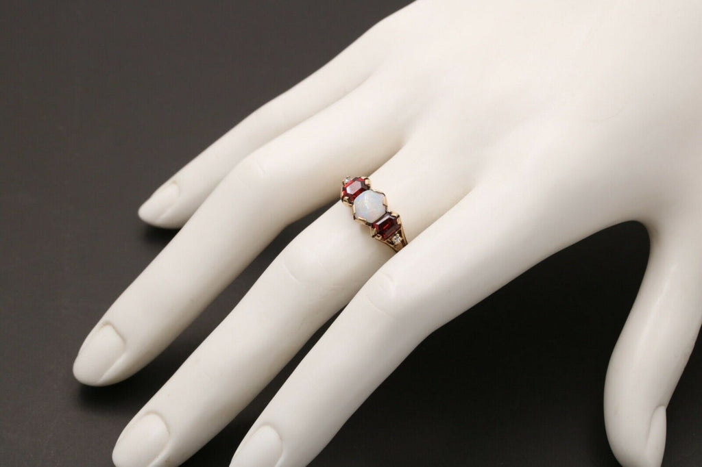 Vintage 10K Yellow Gold Opal, Garnet and Diamond Ring Band. Stacking Ring.