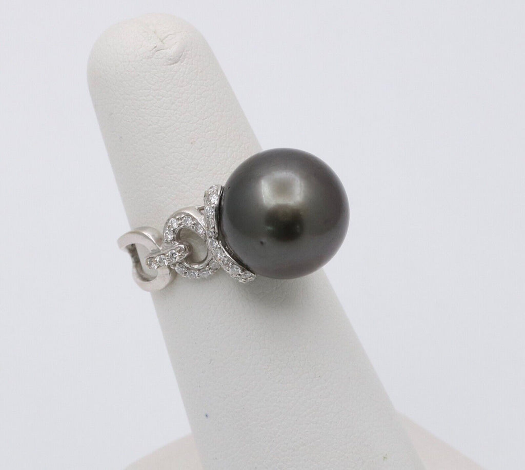 Vintage Tahitian South Sea Pearl Diamonds 18K White Gold Ring