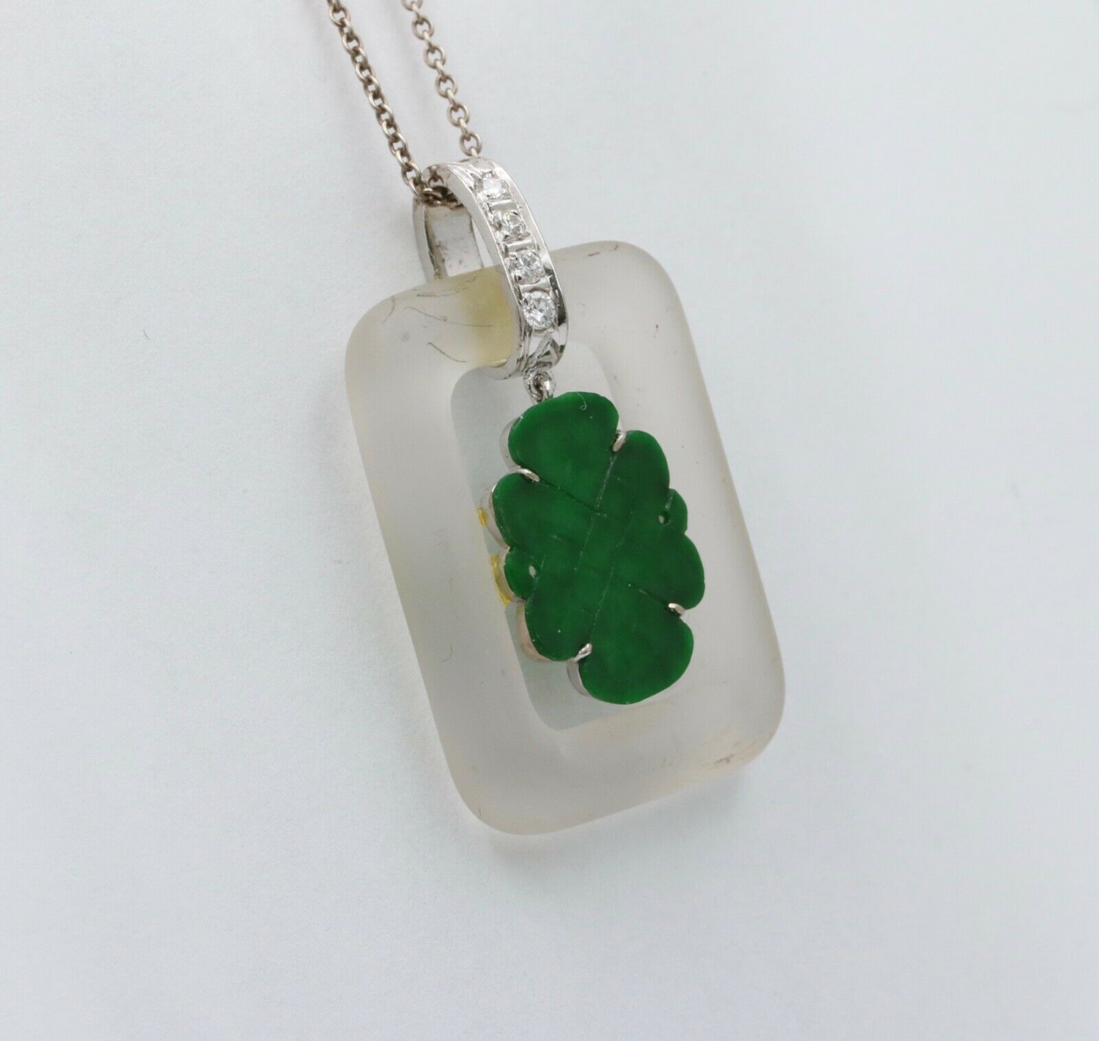 Vintage Jade Crystal Diamonds 18K White Gold Pendant