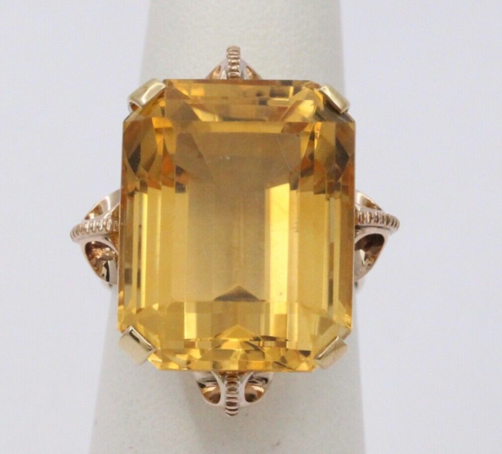 Vintage 14k Gold Large Citrine Retro Ring, Statement Ring