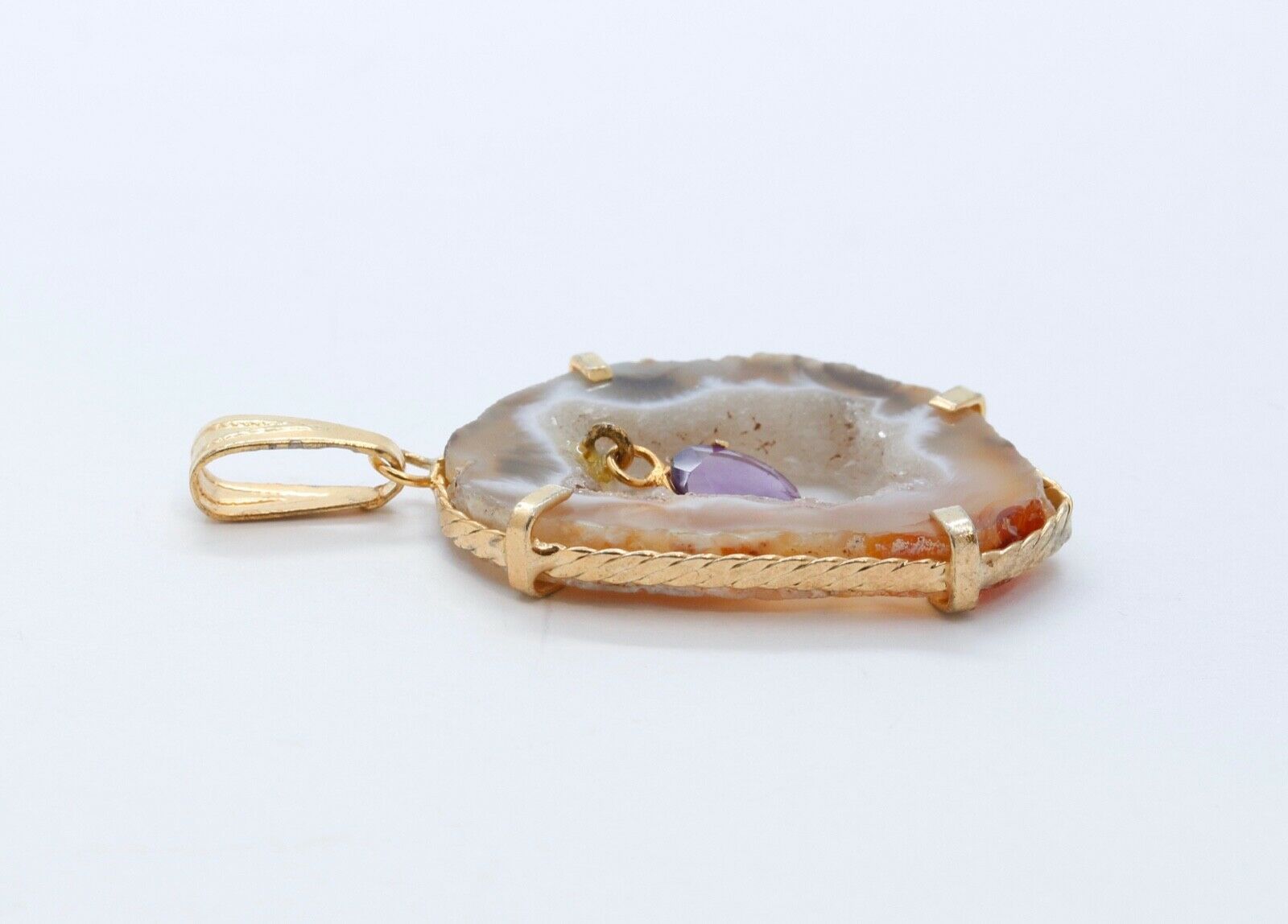 Agate and Amethyst 10K Yellow Gold Vintage Pendant