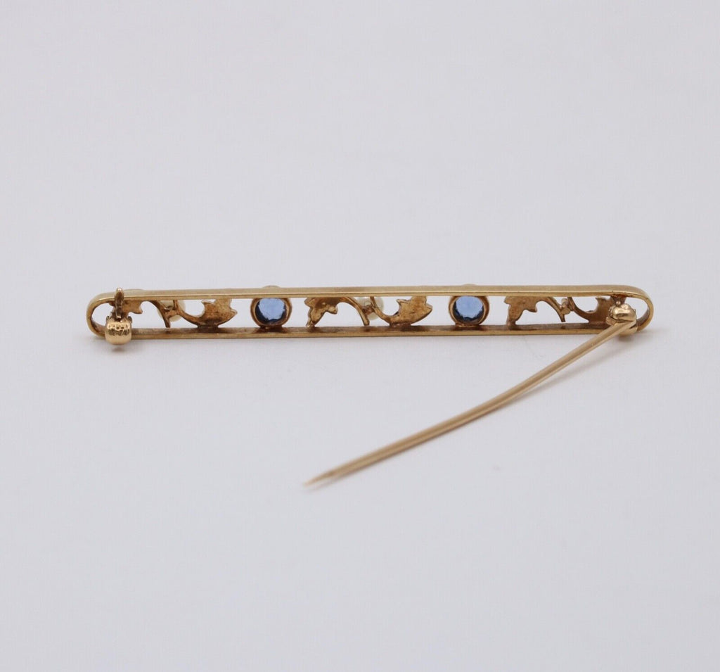 Antique Art Deco 14K Yellow Gold Sapphire & Pearl Bar Pin.