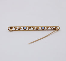 Load image into Gallery viewer, Antique Art Deco 14K Yellow Gold Sapphire &amp; Pearl Bar Pin.
