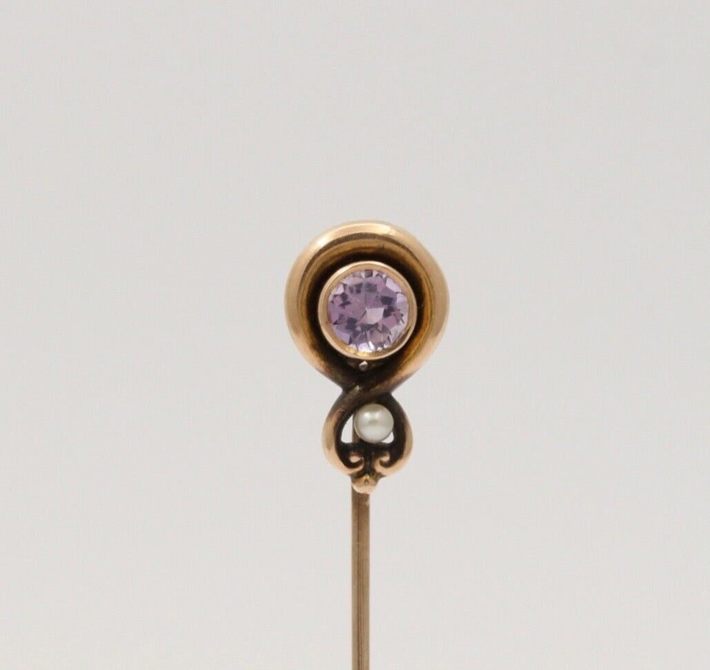 Victorian 14K Yellow Gold Amethyst Pearl Stick Pin