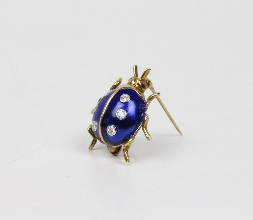 Vintage Ladies 18K Yellow Gold Diamonds Blue Enamel Ladybug Brooch Pin