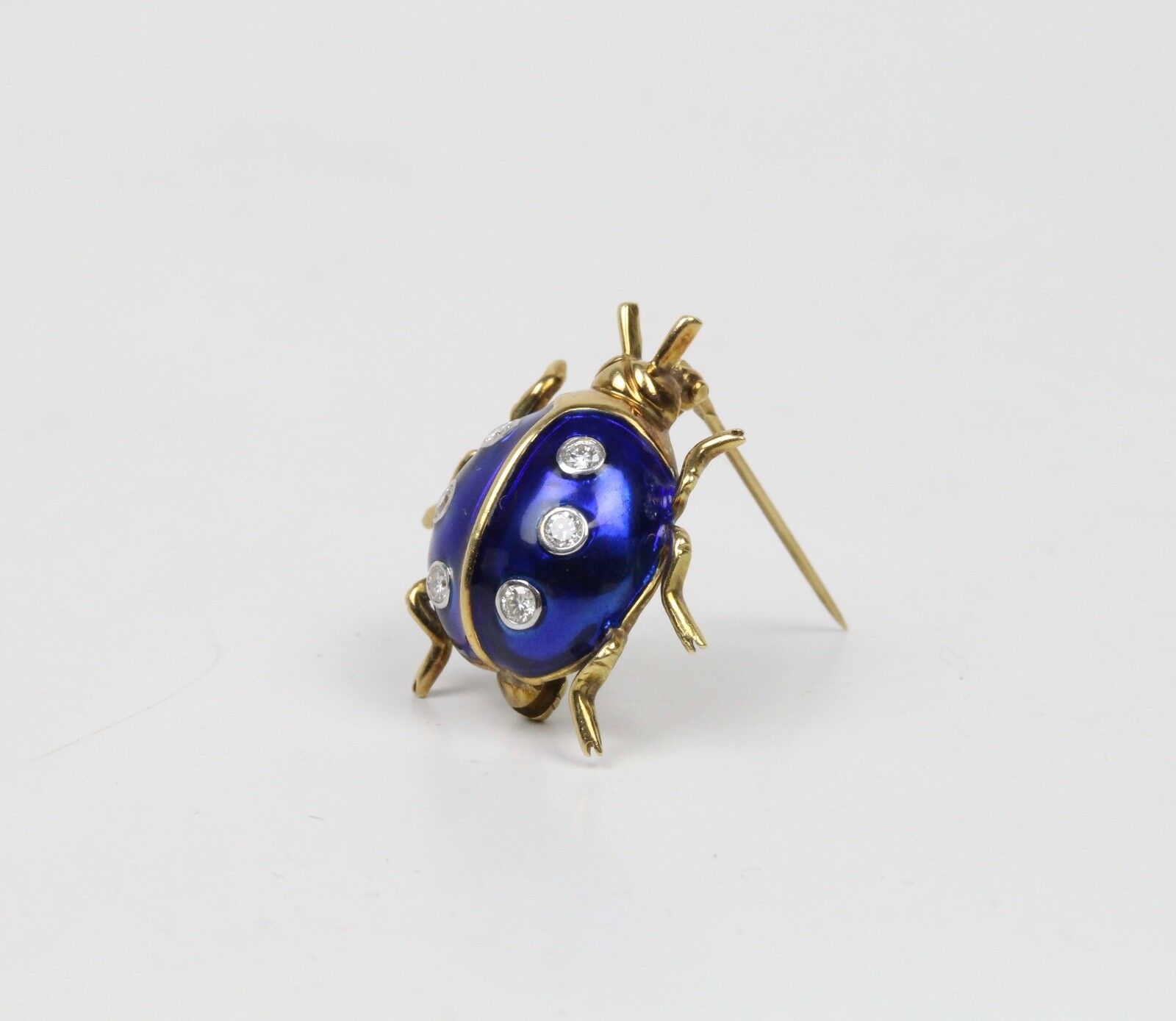 Vintage Ladies 18K Yellow Gold Diamonds Blue Enamel Ladybug Brooch Pin