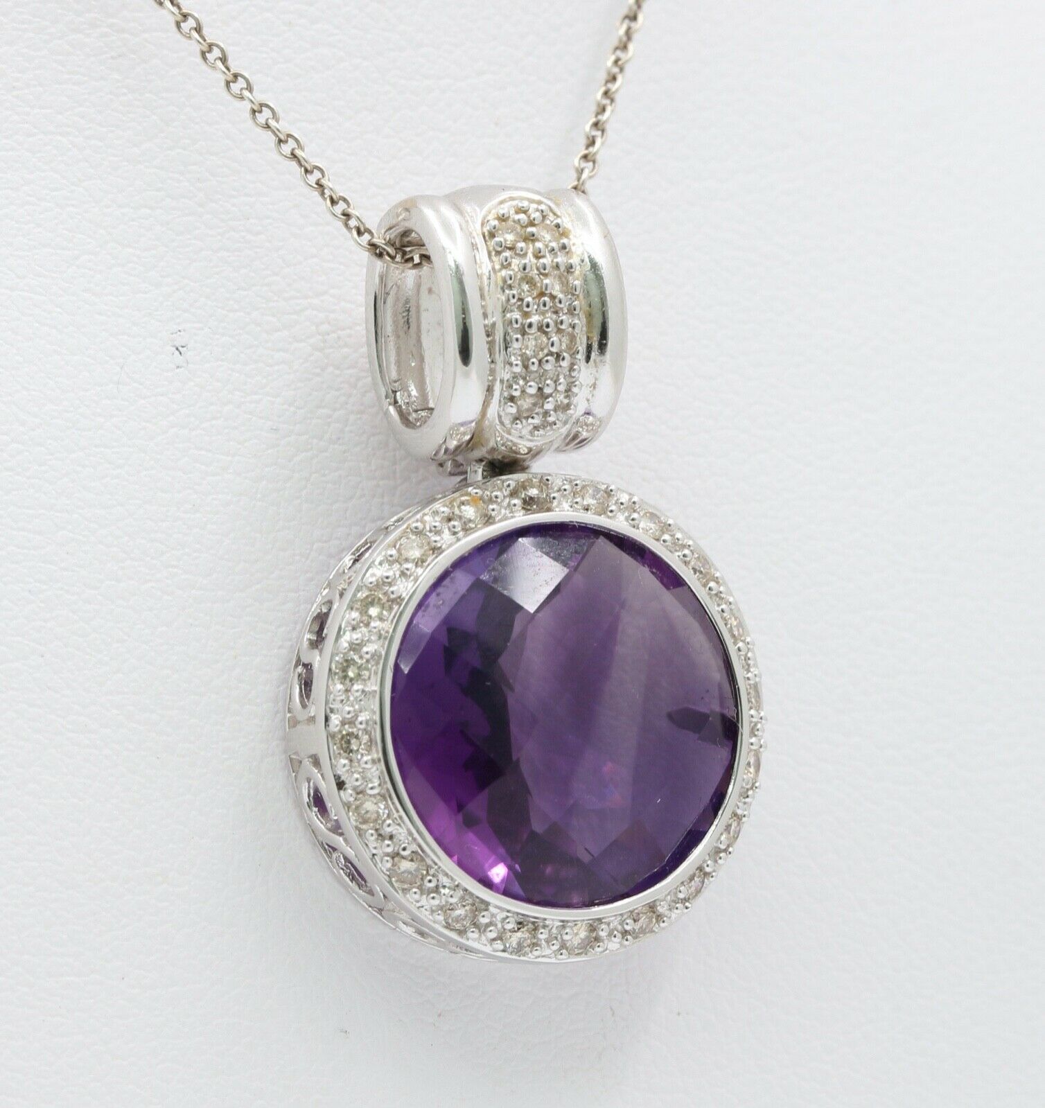 Vintage Ladies Amethyst Diamonds 14K White Gold Pendant