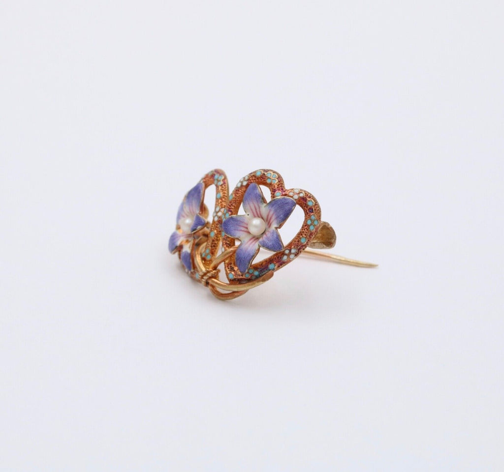 Edwardian 14K Pinkish Yellow Gold Clement Enamel Forget Me Not Brooch Pin