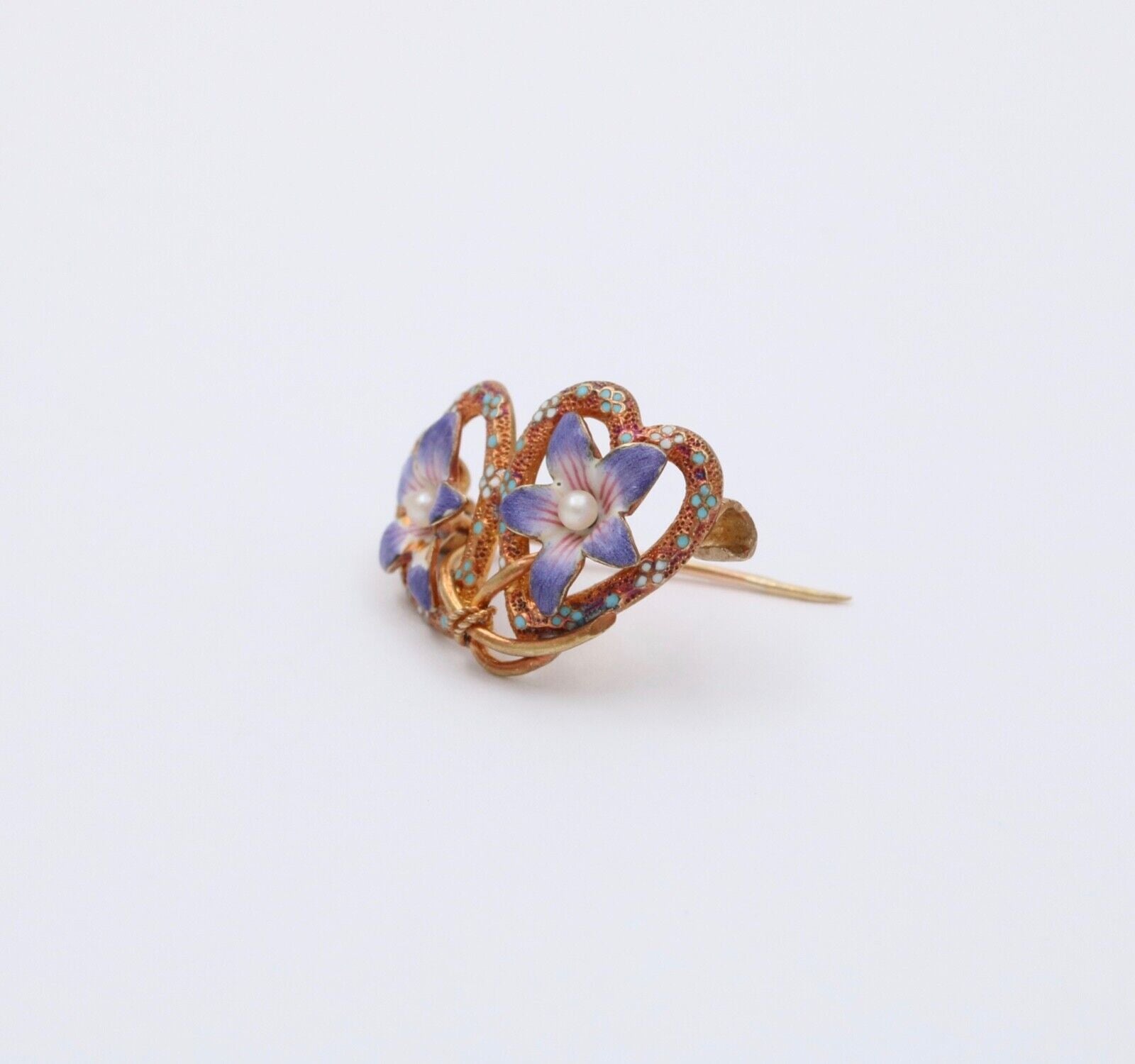 Edwardian 14K Pinkish Yellow Gold Clement Enamel Forget Me Not Brooch Pin