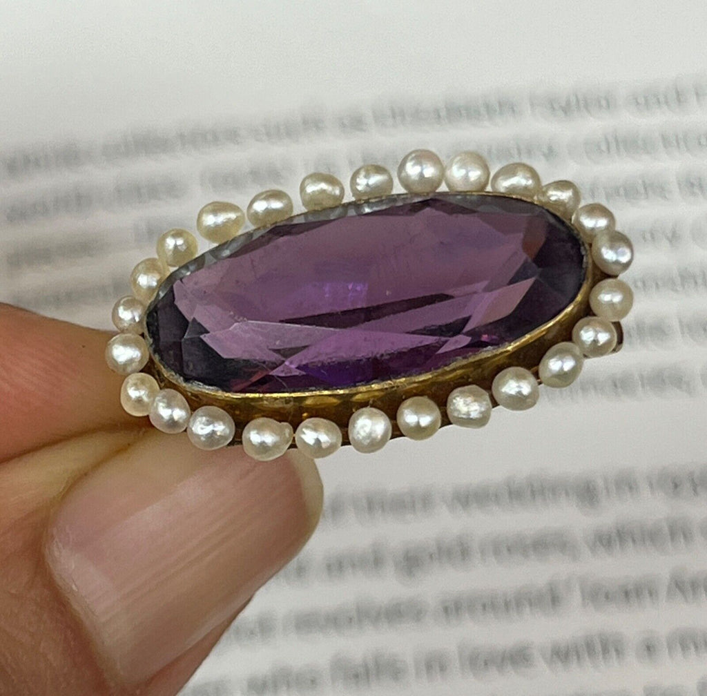 Antique Victorian 10K Yellow Gold Amethyst & Pearl Brooch Pin.