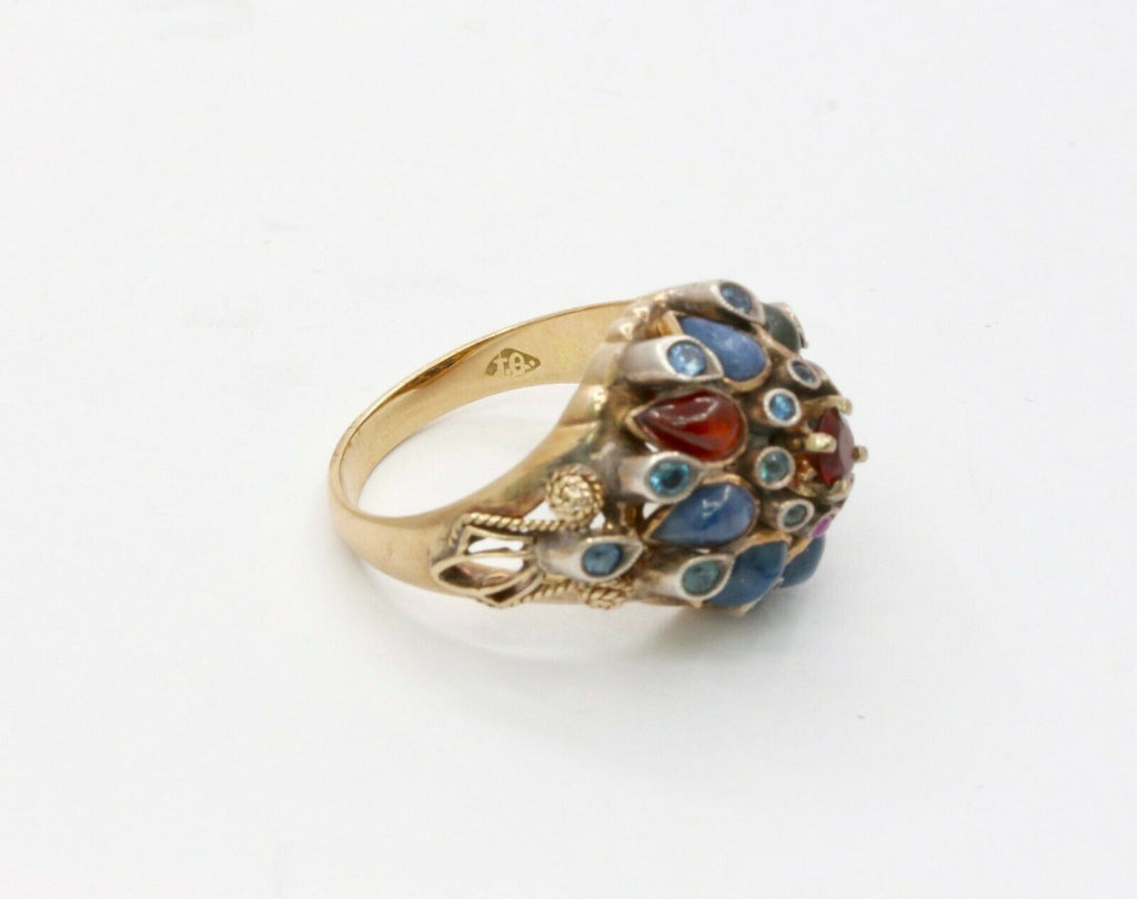 Vintage 18K Gold Sapphire, Garnet, and Ruby Cluster Ring