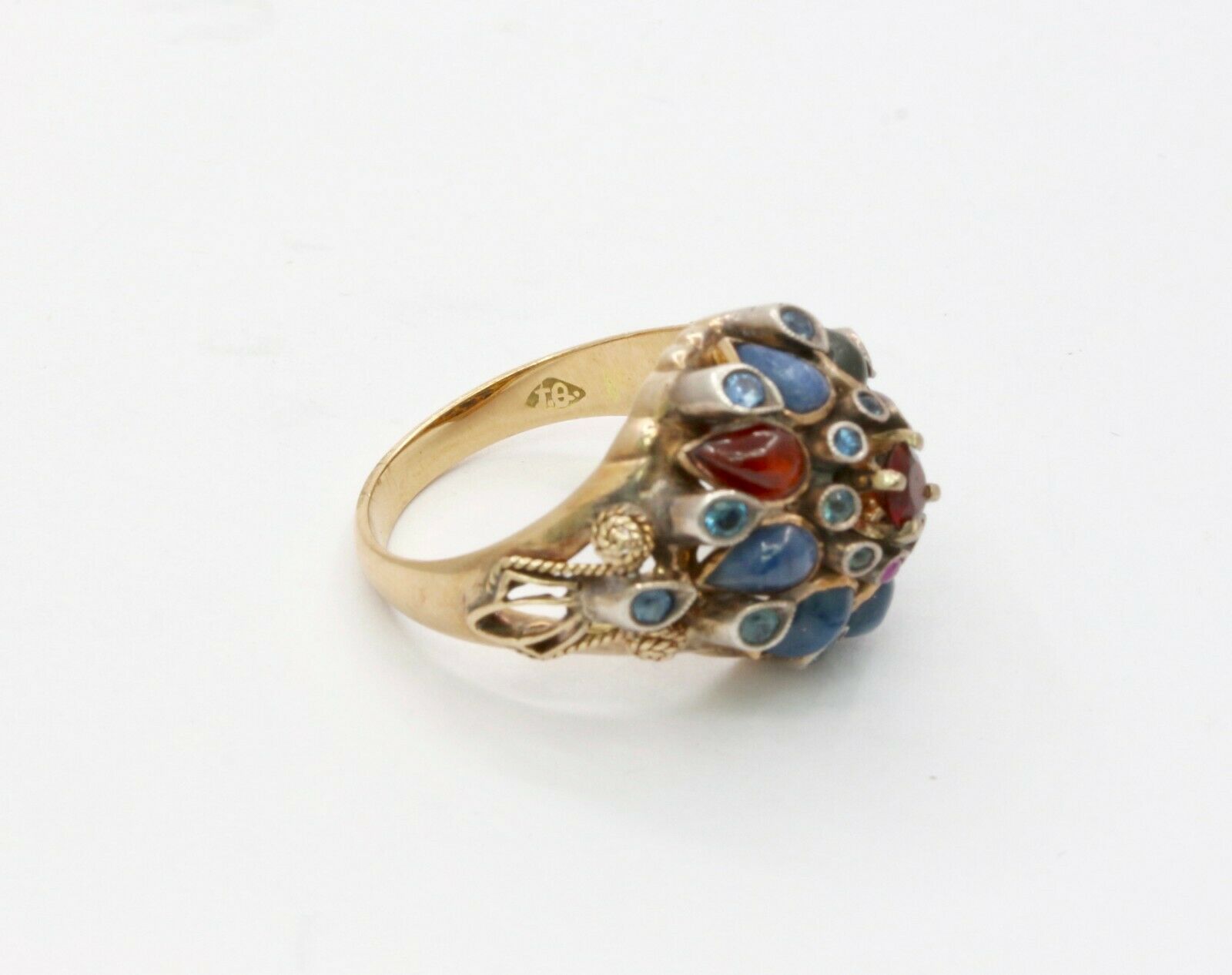Vintage 18K Gold Sapphire, Garnet, and Ruby Cluster Ring